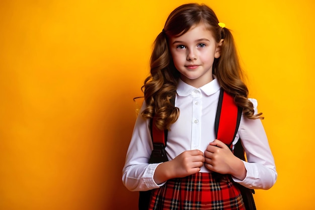 Photo portrait of a schoolgirl in a suit with a backpack ready to go to school