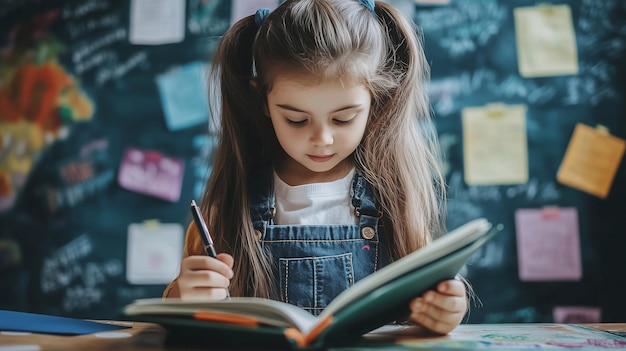 portrait of a schoolgirl with pigtails who sits at her desk and writes