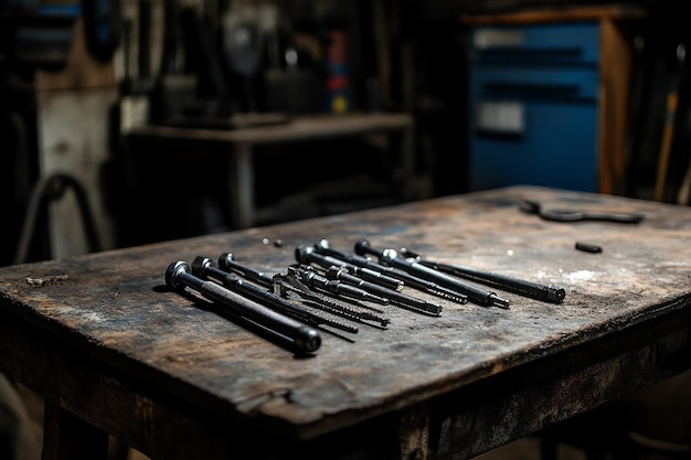 Photo portrait of screw tools arranged on a rustic table