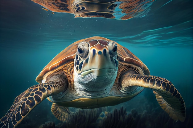 Portrait of a sea turtle swimming underwater Generative AI