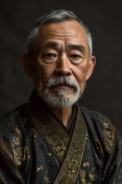 Portrait of a senior asian man in traditional japanese costume