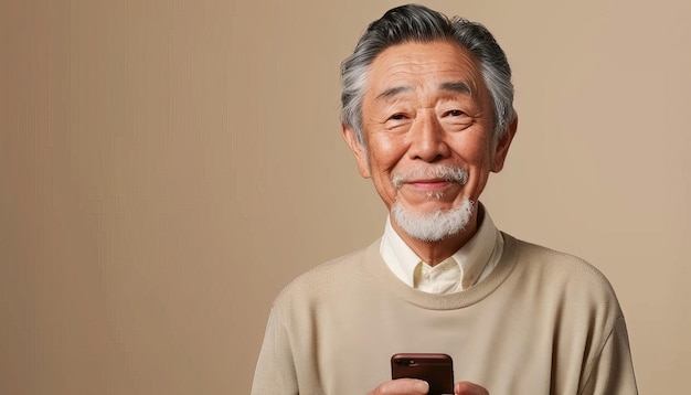 Photo portrait of senior asian man with smartphone in hands wearing white casual shirt on beige background