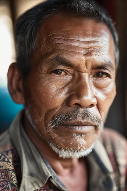 Portrait of a senior asian man with tattooed face