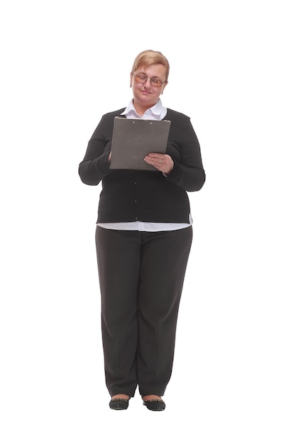 Portrait senior business women with clipboard and document in hands