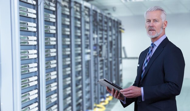 Portrait of senior businessman in big rack server room