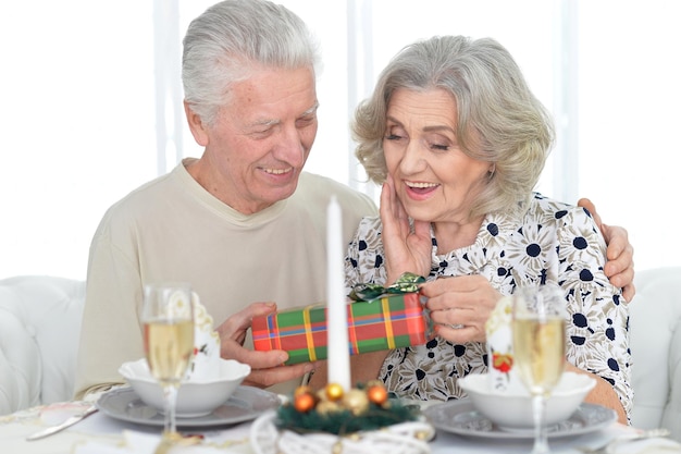 Portrait of senior couple celebrating Christmas, sitting with present