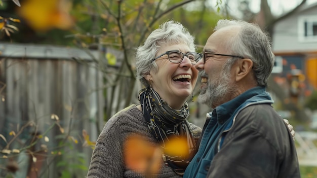 Portrait of senior couple laughing in the backyard