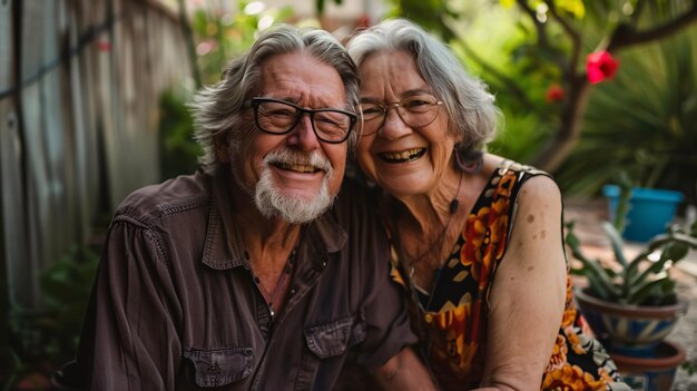 Portrait of senior couple laughing in the backyard