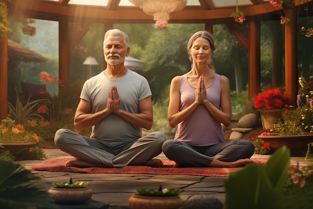 Portrait of senior couple practicing yoga in the garden on summer day