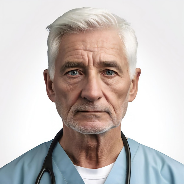 Portrait of senior doctor with stethoscope on grey background