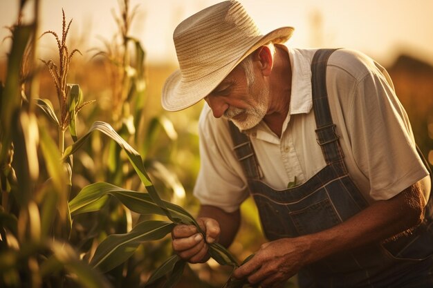 Portrait of senior hardworking farmer agronomist in corn field checking crops before harvest