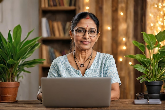 Portrait of senior Indian woman with eyeglasses using laptop on desk at cozy rustic home setting