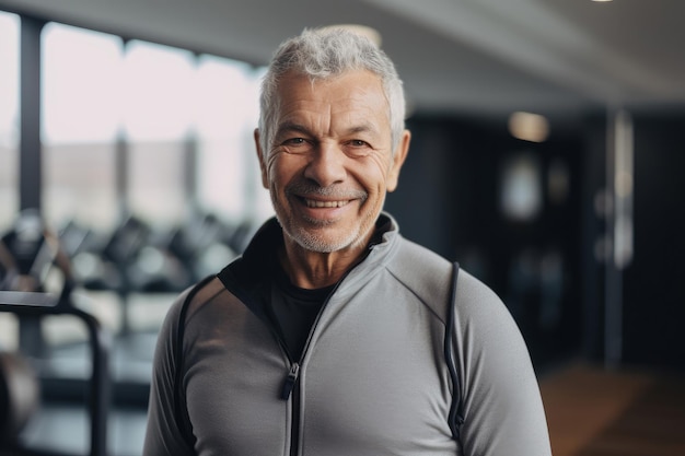 Portrait of a senior male with grey hair stood in a gym generative ai