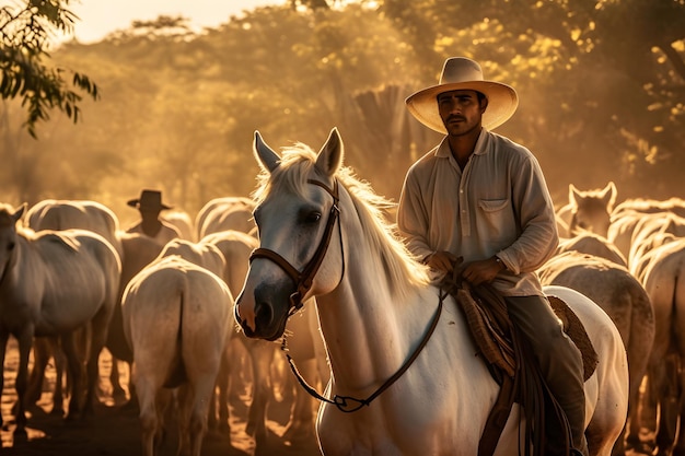 Portrait senior man in cowboy hat horseback riding on mountain trail Neural network AI generated