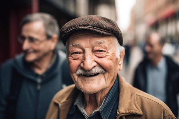 Portrait of a senior man enjoying a day out in the city with friends created with generative ai