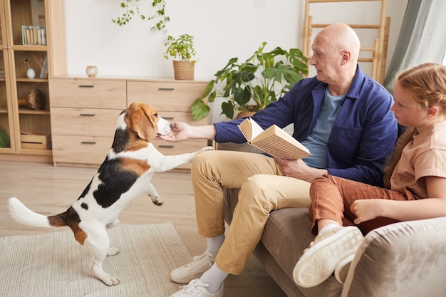 Portrait of senior man playing with dog while enjoying reading in living room with granddaughter