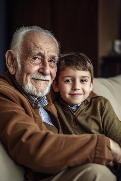 Portrait of a senior man relaxing with his grandson on the sofa at home created with generative ai