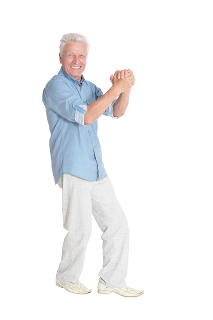 Portrait of senior man showing hand shake gesture isolated on white background