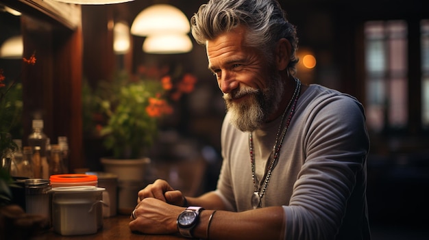 Portrait of senior man in sportswear listening to music with headphones in cafegenerative ai