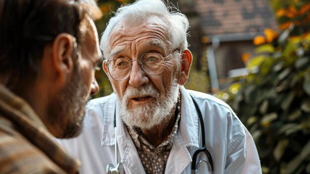 Portrait of a senior man with doctor or nurse caregiver at home or nursing home