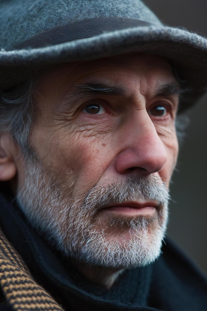 Portrait of senior man with grey beard and hat looking at camera