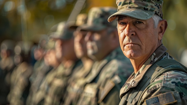 Portrait of a senior military veteran in uniform with camouflage standing in formation representing dedication and service