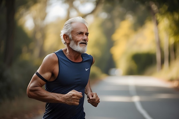 Portrait of a senior old man in fitness wear running in a park active happy healthy lifestyle