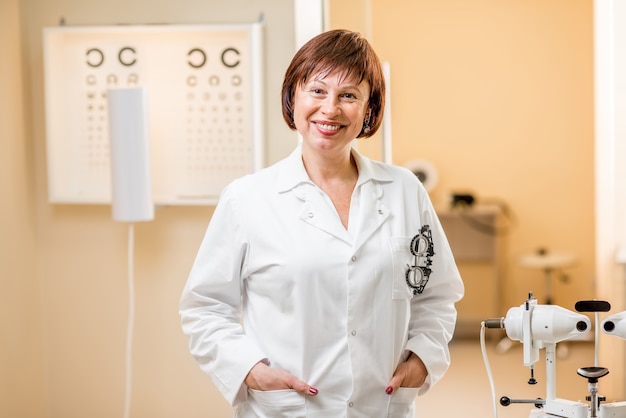 Portrait of a senior woman doctor in uniform standing in the ophthalmologic office