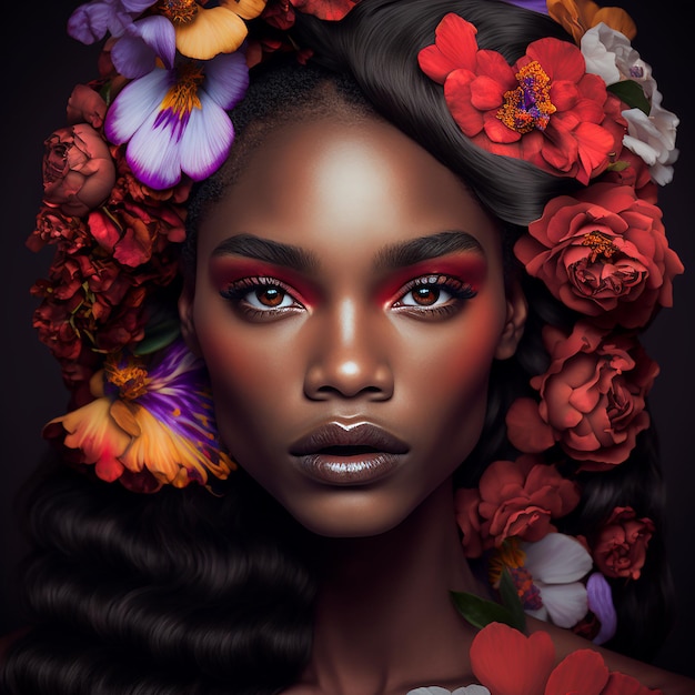 Portrait of sensual african american woman with flowers in hair AI generated Midjourney