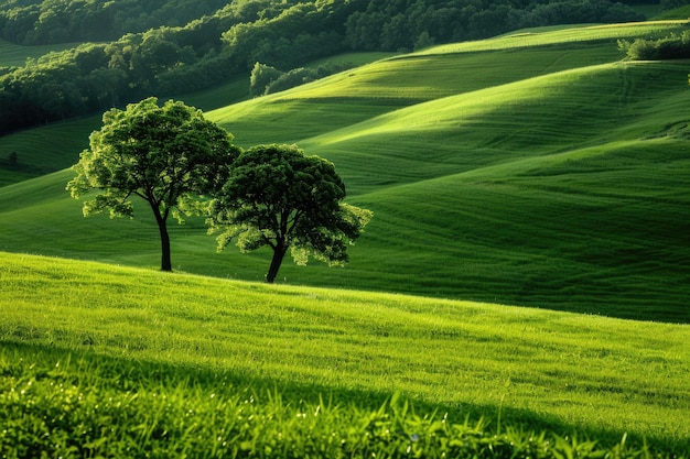 Portrait of Serene Rolling Green Landscape with Two Solitary Trees in Lush Field