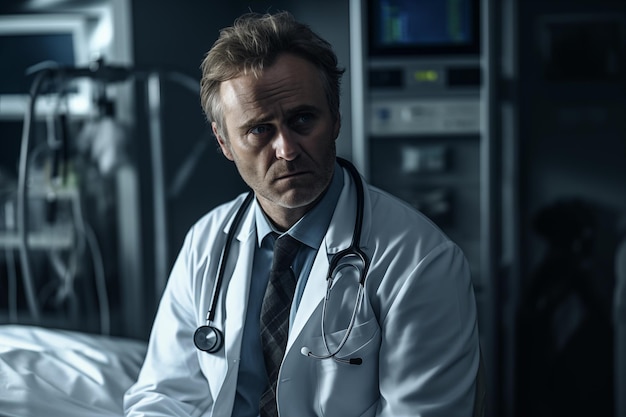 Portrait of a serious doctor sitting in a hospital ward and looking away