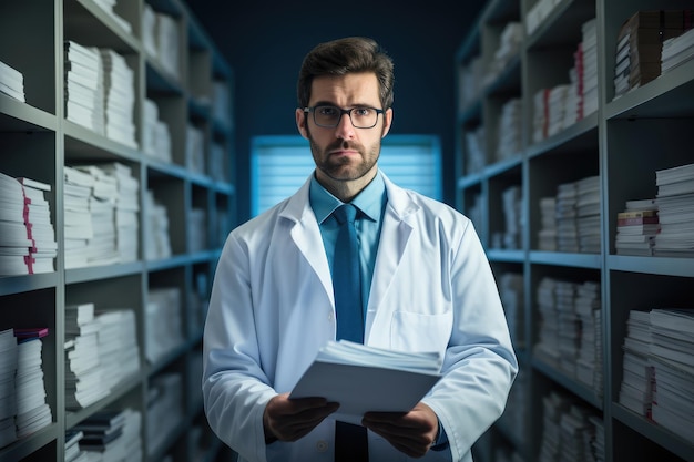 Portrait of a serious male doctor in a white coat and eyeglasses standing in a hospital library