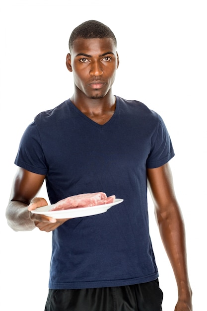 Portrait of serious man holding a plate of raw meat