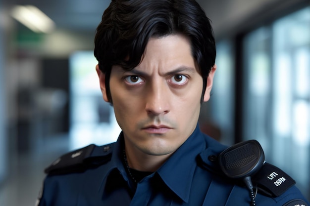 Portrait of a serious police officer standing in the corridor of a building