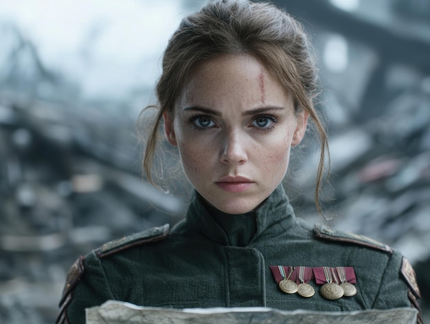 Photo portrait of a serious young woman in military uniform