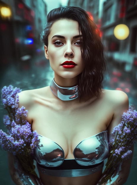 Portrait of sexy cyborg girl with beautiful silicone breast from the future against the background of water Generative AI