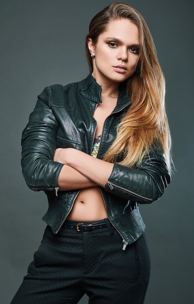 Portrait of sexy model wearing leather jacket 