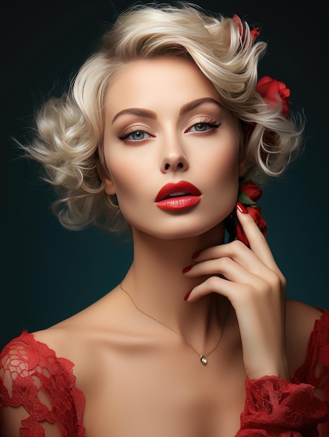 Portrait Sexy woman beauty face and Beauty Red Lips Makeup Detail Lips Skin Care Created with Generative Ai Technology