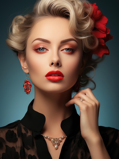 Portrait Sexy woman beauty face and Beauty Red Lips Makeup Detail Lips Skin Care Created with Generative Ai Technology