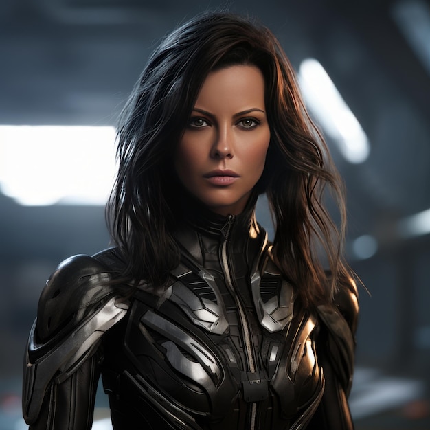 Portrait of a sexy woman in black futuristic costume Futuristic style