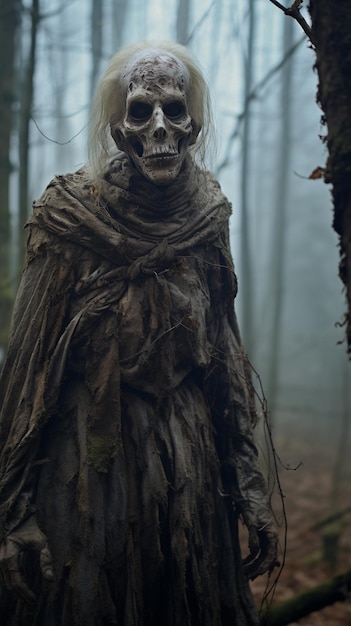 Photo portrait of a shaman in a creepy mystic forest with skull mask