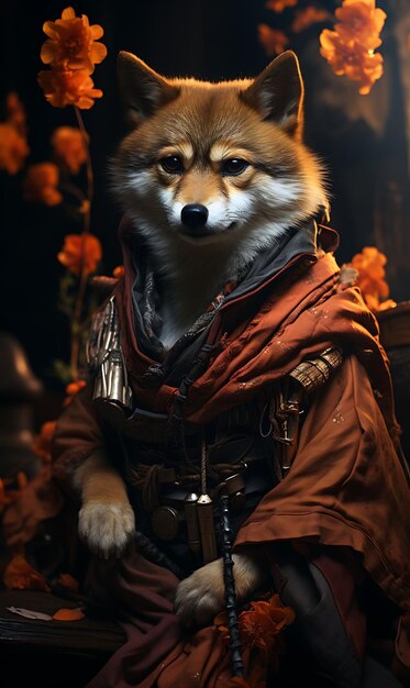 Portrait of Shiba Inu Pirate Ronin Samurai Sword Kimono Rust Orange Fier Animal Arts Collections