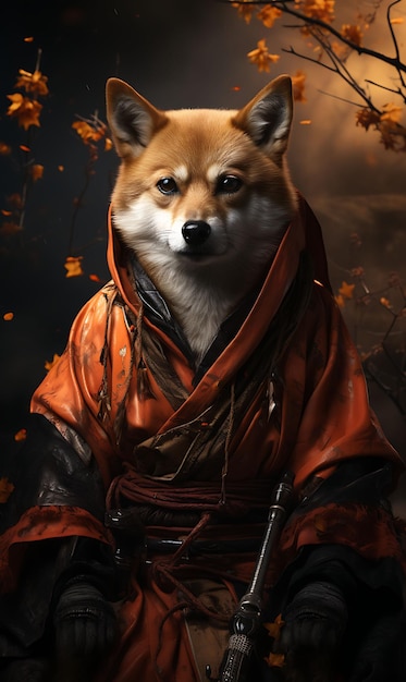 Portrait of Shiba Inu Pirate Ronin Samurai Sword Kimono Rust Orange Fier Animal Arts Collections