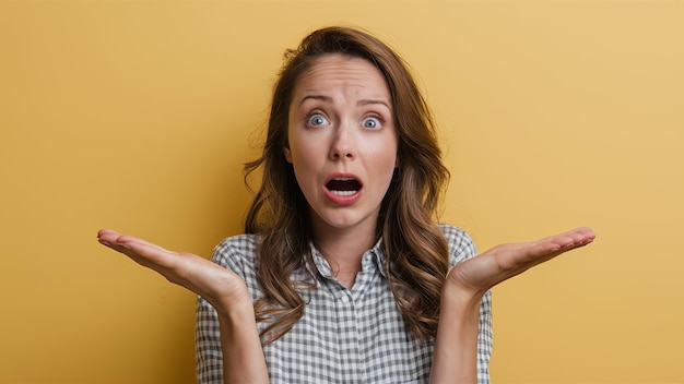 A portrait of a shocked and afraid woman with wide open eyes and mouth gesturing with her palms