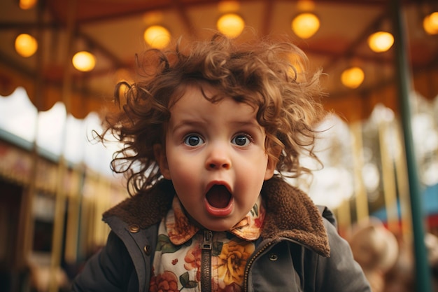 Portrait of shocked child in amusement park small shaggy girl with surprise emotion looking at camera against background of carousel