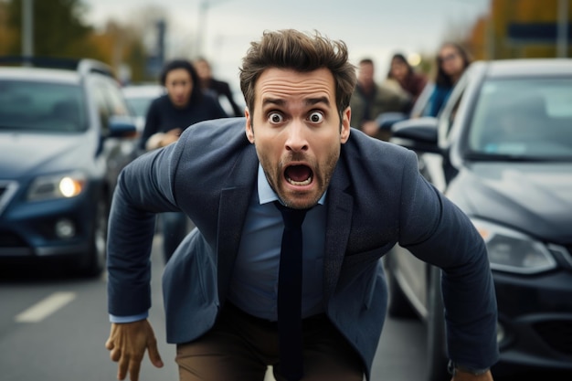 Photo portrait of a shocked emotional man on the road among cars road accident problems on the road car insurance