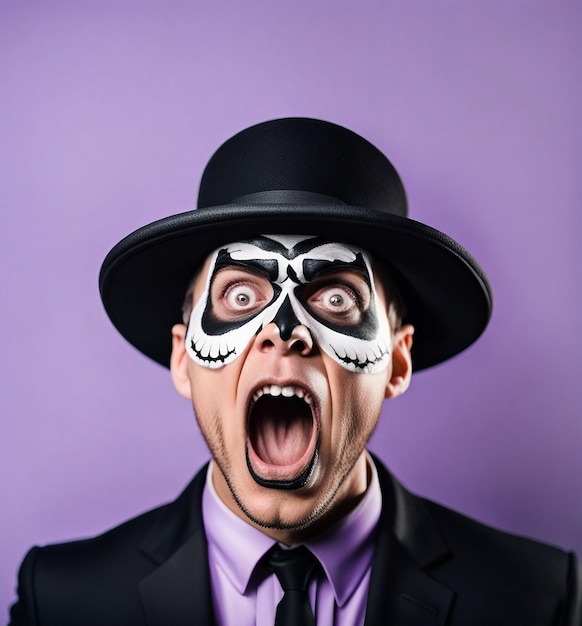 Portrait of shocked man in Halloween makeup and costume grabbing his face in fright