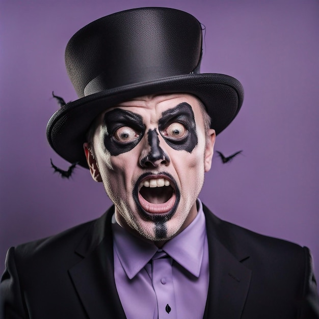 Portrait of shocked man in Halloween makeup and costume grabbing his face in fright