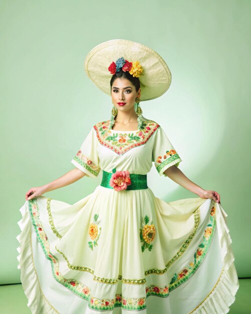 Photo portrait shot of a beautiful mexican model in traditional mexican dress and makeup