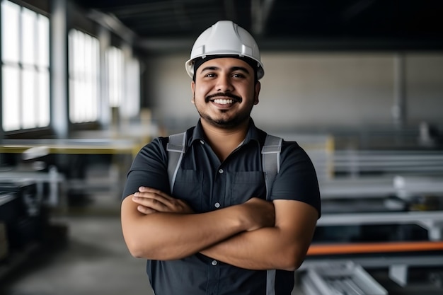 Portrait shot of a confident Hispanic male factory worker with arms crossed industrial construction industry robot industry Generative AI